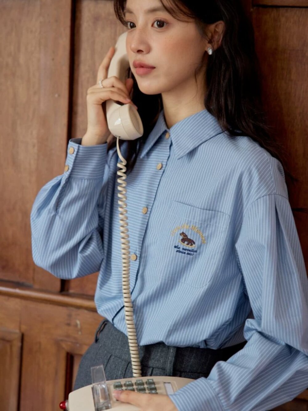 Nov eliste French Literary Style Blue Striped Embroidered Pocket Shirt Size S